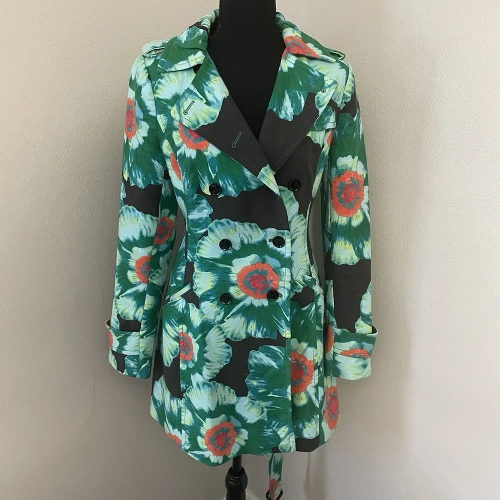BANANA REPUBLIC Sz S Floral Belted Trench Coat Green Multicolor Double‎ Breasted
